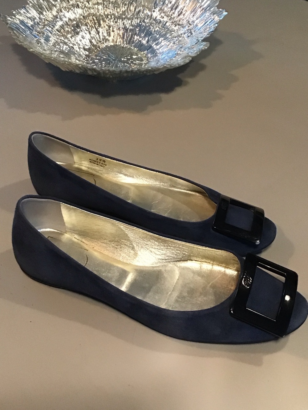Roger Vivier Navy Suede Flats with Black Patent Buckle